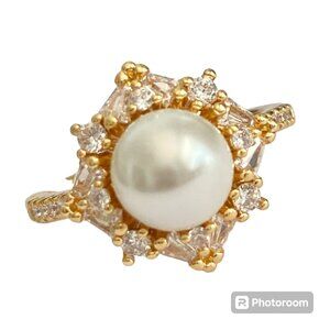 Art Deco Cubic Zirconia White Pearl Cocktail Ring Yellow Gold Plated Size 7 8 9